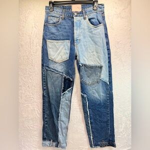REVICE Love at First Sight Button Fly Blue Denim Frayed Pocket Patchwork Jeans